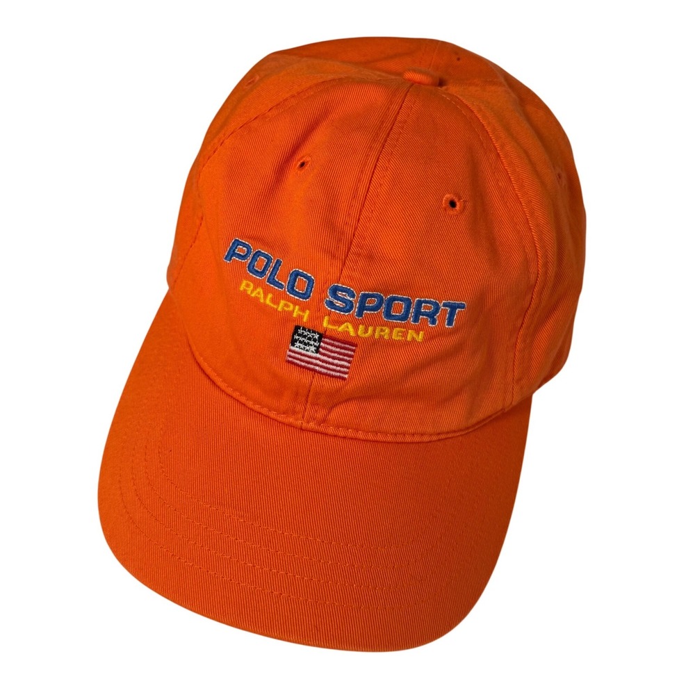Vtg 90s Polo Ralph Lauren Sport USA Flag Rare Orange Cap Hat Adjustable Unisex